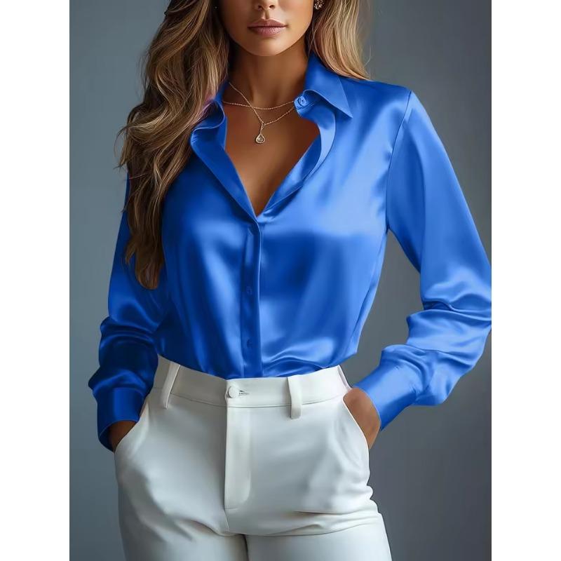 Damen Satinhemden Elegant Schlicht Langarm Bluse Büro Dame Knopfleiste Hemd Oberteil Herbst Weiblich Rundhals Shirts Bluse S königsblau