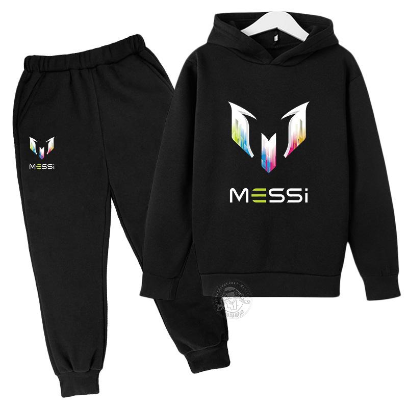 Kinderkleidung mit Messi-Buchstabenaufdruck für Herbst und Winter, Kapuzenpullover + lange Hose, zweiteiliger lässiger Sportanzug für Jungen und Mädchen 100