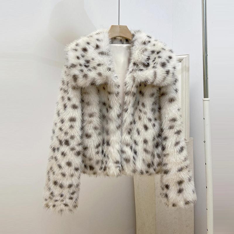 Winter Damen Mantel Leopard Dot Square Neck Petite Kurze Hohe Taille Pelzmantel Pelz Kragen Top S