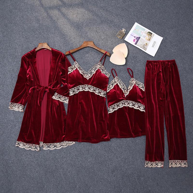 4-teiliges Pyjama-Set aus Spitze und Samt für Damen, warm, Pyjama, Nachtwäsche, Bademantel, Hose, Winter-Pijama, Bademantel, sexy Dessous, Herbst-Pyjama L