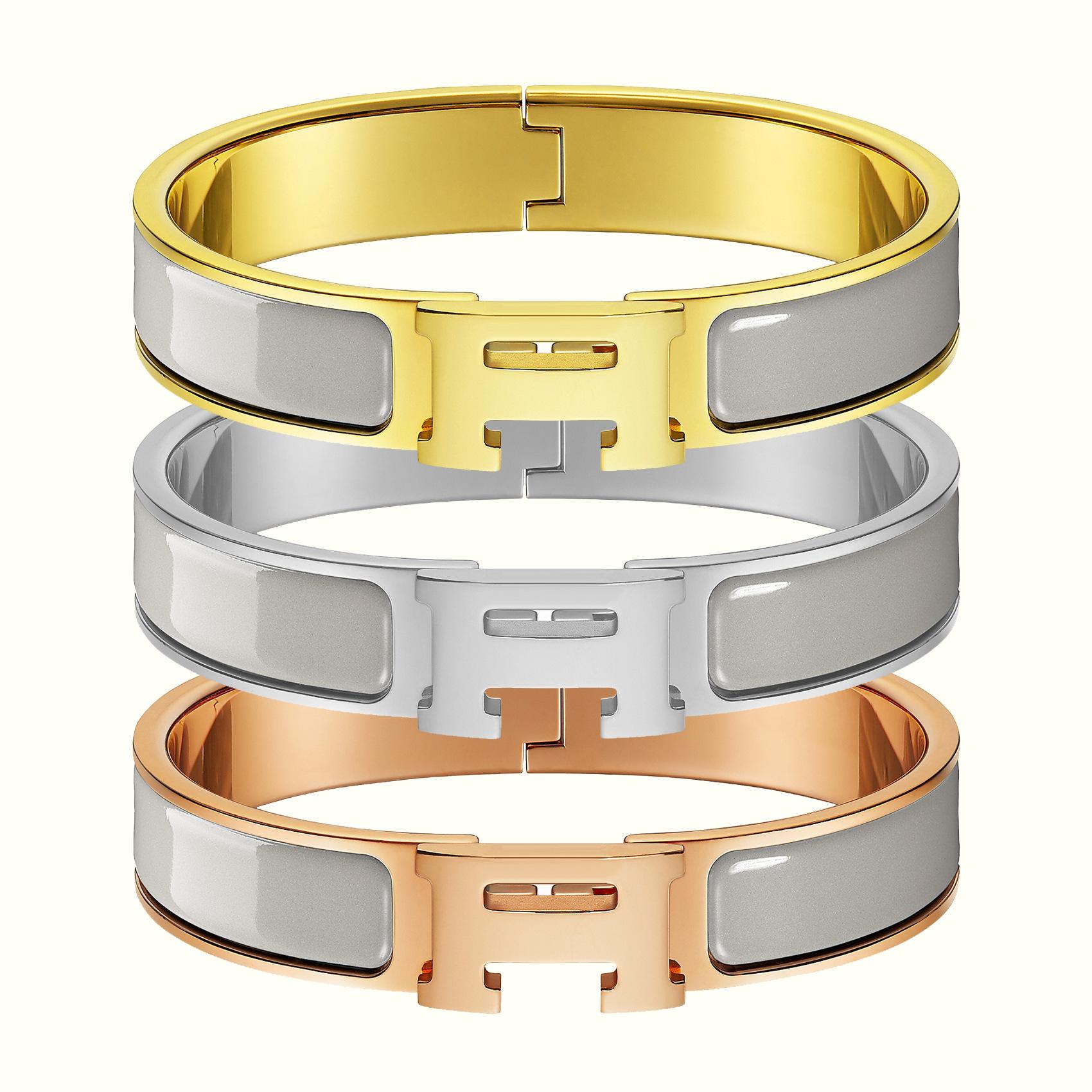 Klassisches H-Buchstaben-Armband, Emaille-Armband in verschiedenen Farben, 18k-Armband 2025 Inner diameter 19CM gold beige