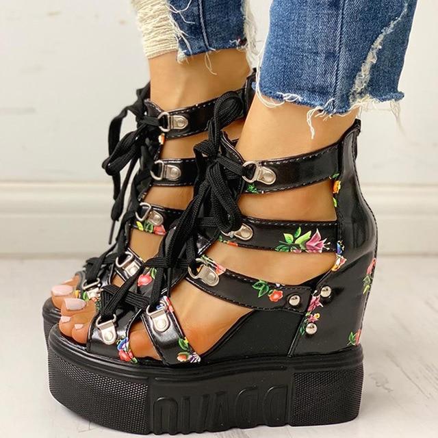 Damenschuhe Sommerschuhe Frauen Sandalen Plateau Schnürsenkel High Heels Freizeitschuhe 35 schwarz