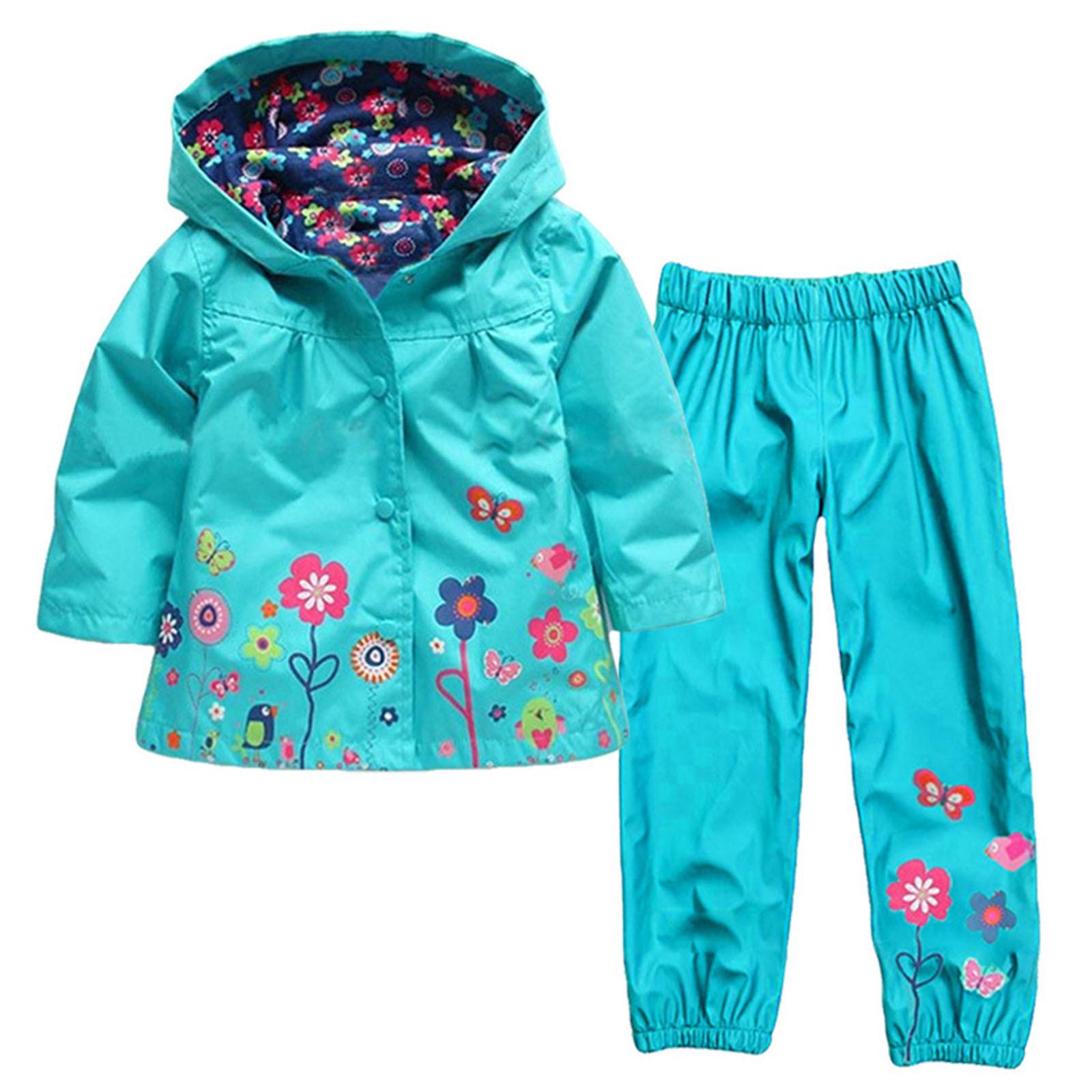 Wind- und regensichere Kapuzenjacke für Kinder mit Blumenmotiv, wasserdichter Anzug 120 blau
