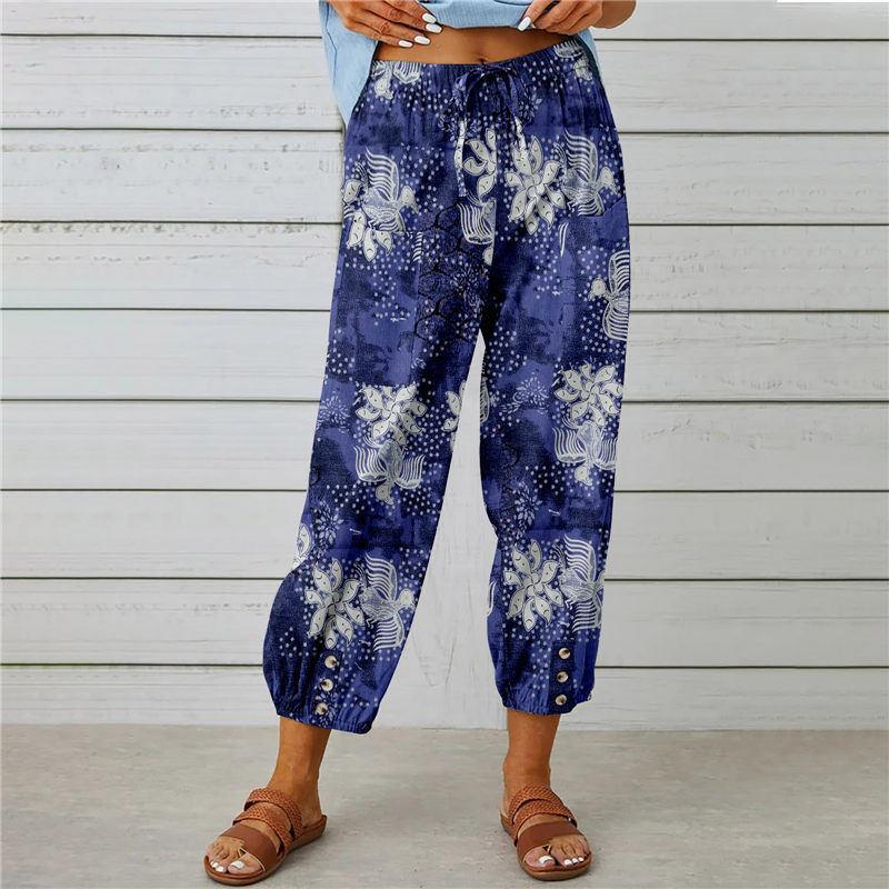 Sommer frauen Hosen Baumwolle Leinen Hohe Taille Kordelzug Neun-viertel Hosen Elastische Taille Bundle Fuß Mund Retro Druck hosen L blau
