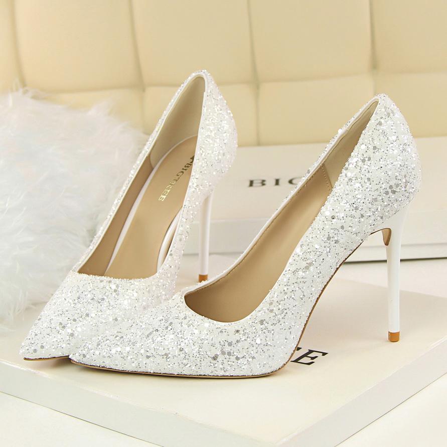 Mode 2025 Damen 9,5 cm Hohe Absätze Übergröße 43 Stripper Glitzer Scarpins Luxus Pumps Stiletto Hochzeit Braut Gold Silber Fetisch Schuhe 39 weiß