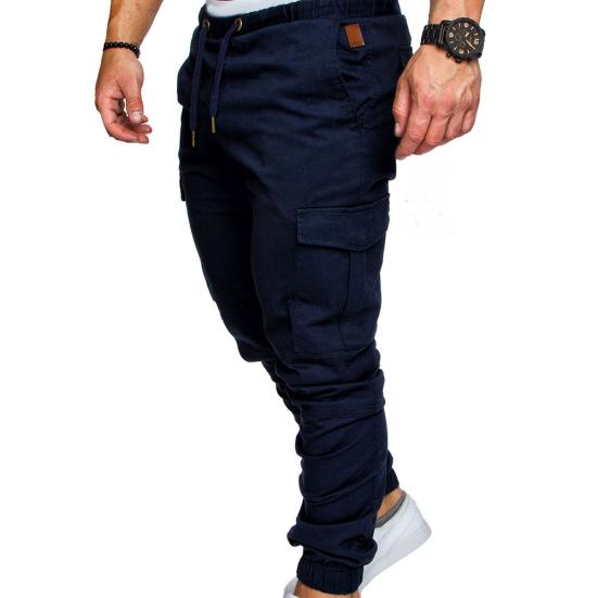 Männer Casual Einfarbig Taschen Taille Kordelzug Knöchel Gebunden Skinny Cargo Hosen S navy blau