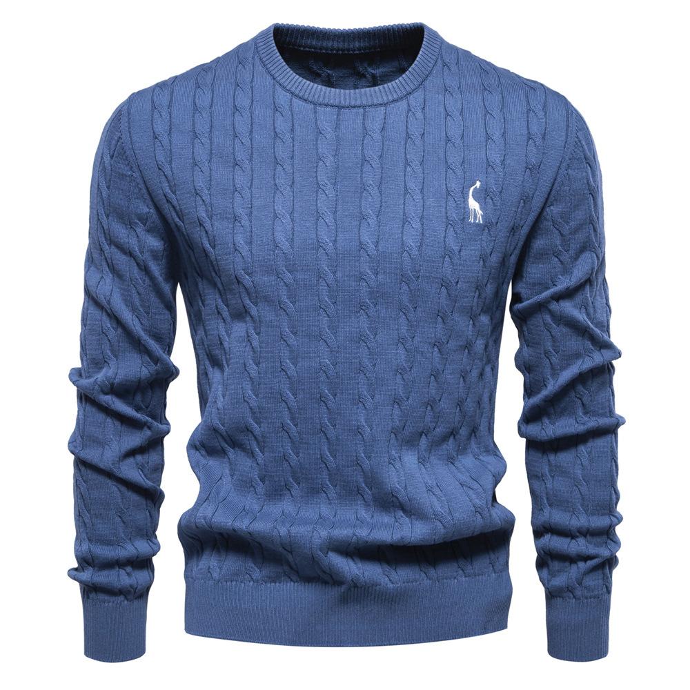 Herren Herbst Winter Einfarbig Gestrickter Rundhals Pullover Mode Lässig Hirsch Stickerei Pullover XXL blau