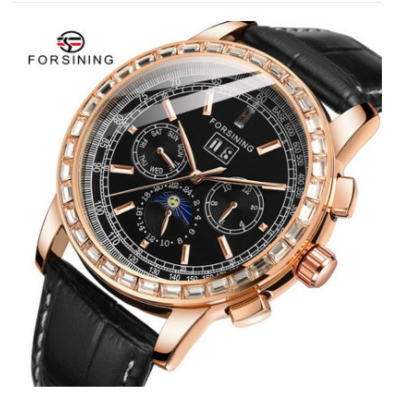 Forsining Herren Mode Casual Multifunktions Strass Uhr Mechanische Uhr