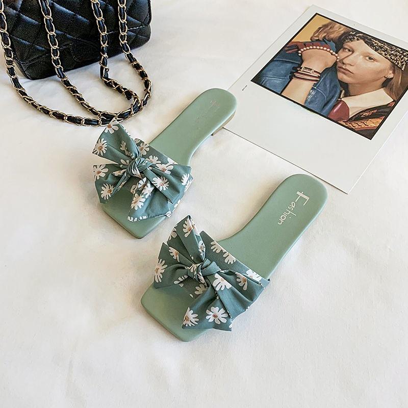 Damen-Sandalen mit quadratischem Kopf und flachem Absatz, Damen-Sandalen mit flachem Boden, rutschfest, mit Schleife, weiche Sohle, Sandalen, Hausschuhe, Schuhe 40 grün