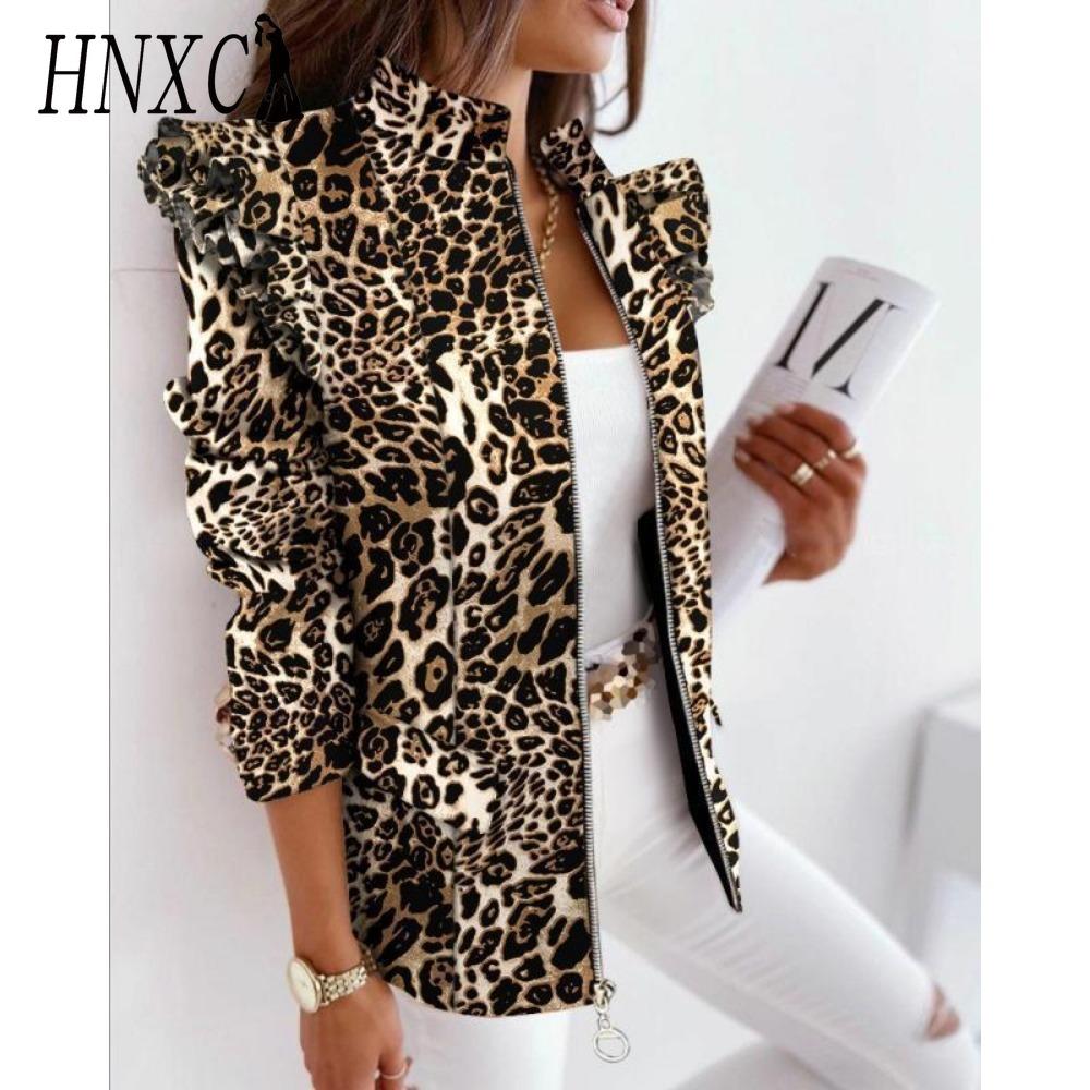 HNXC Damen Vintage Casual Gitterdruck Herbst Winter Langarm Jacken & Mäntel L leopard print