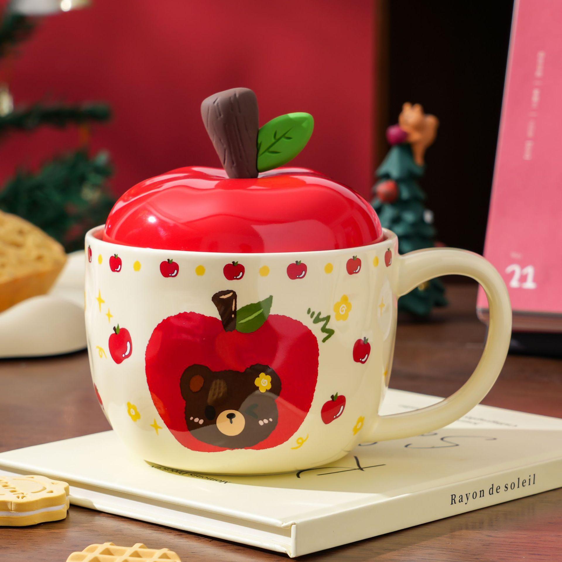 Kreative Apple Weihnachtstasse mit Deckel Geschenk Niedliche Paar Keramik Mädchen Wasserbecher Geschenk Tasse Keramiktasse 420ml