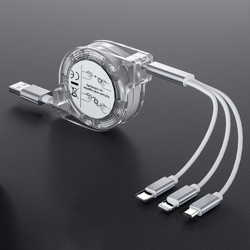 VAORLO 3-in-1-Ladekabel, einziehbar, USB-Aufladung für XiaoMi, HuaWei, Samsung, 2,4 A, schnelles Laden, tragbares Ladekabel, Micro-Typ-C, 8-polig graue