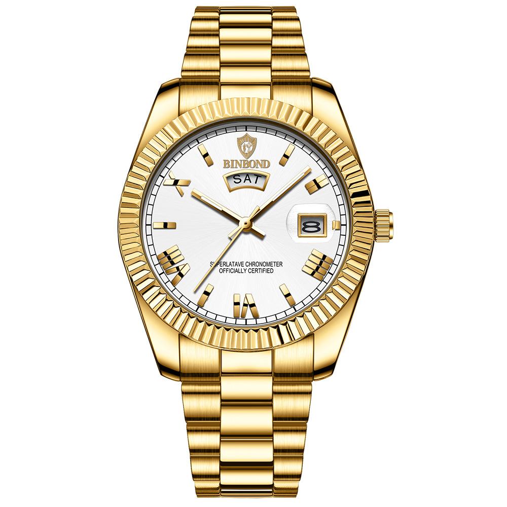 Klassische Herren-Armbanduhr, wasserdicht, modisch, blau, Edelstahl, automatischer Kalender, Woche, leuchtende Armbanduhr weiß/gold