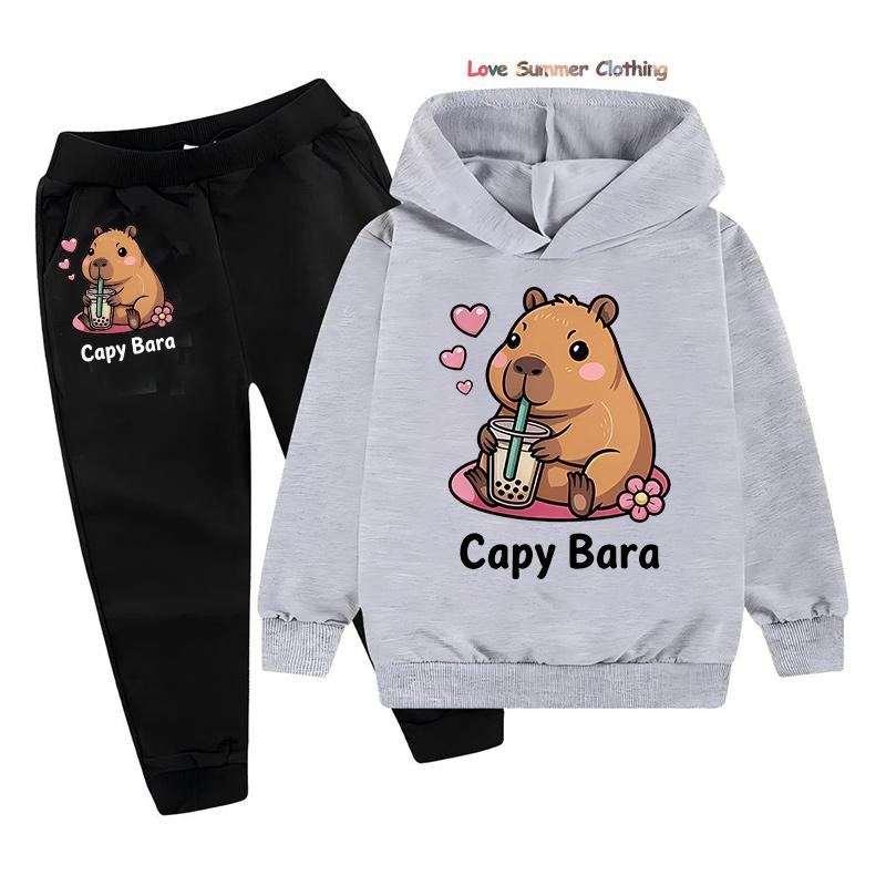 2-teiliges Mädchen Capybara Hoodie Jogginghosen Set Kinder Gemütliches Outfit Capybara Grafik Lässige Spielkleidung Maschinenwaschbar Alltag Sport Passendes Outfit für Jungen 100CM