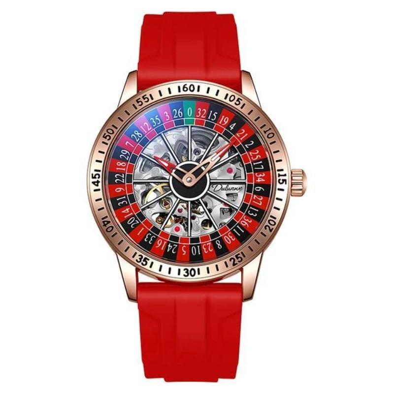 Dulunwe Swinging Rotary Dial Design Hohlskelett Uhren Business Trendy Herren Armbanduhr Roulette Rad Automatische Mechanische Uhr rot