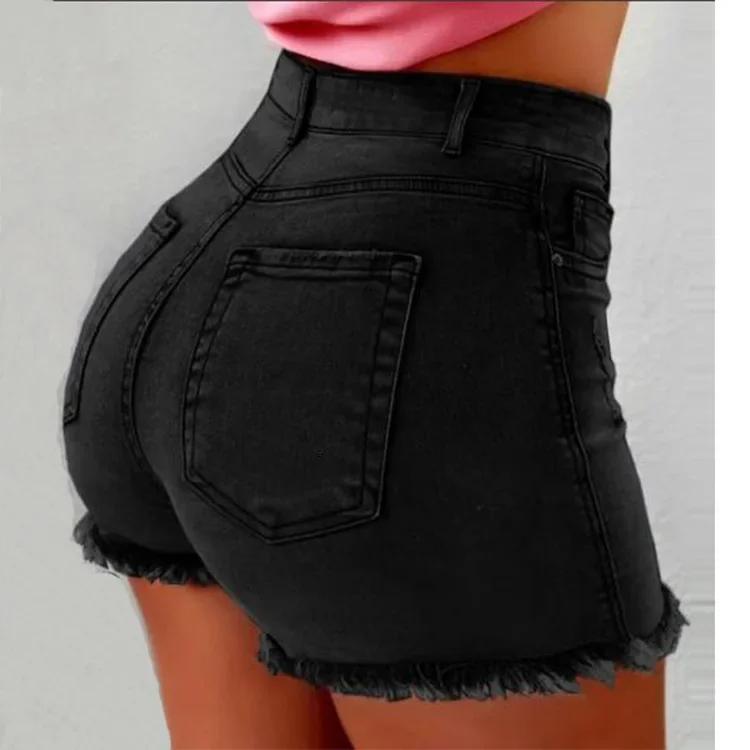 High Waist Short Pants Damenjeans Erhältlich in mehreren Farben Damen Denim Stretch Shorts Stretch Quaste Distressed M schwarz