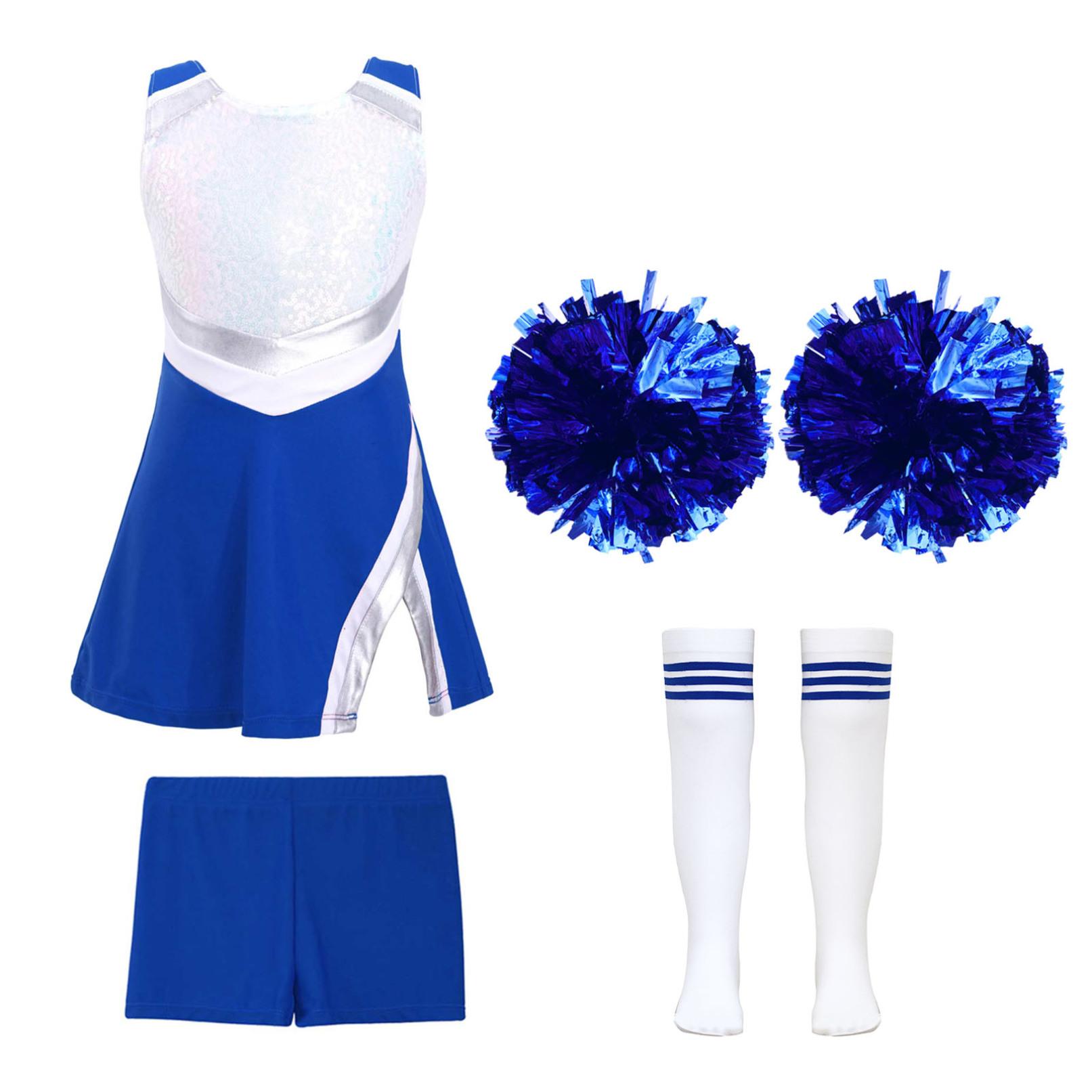 Glänzendes Cheerleading-Kostüm für Kinder, Mädchen, Schulmädchen-Tanzkleid, Uniform, komplettes Outfit mit Pompons für die Halloween-Party 3-4 Years blau
