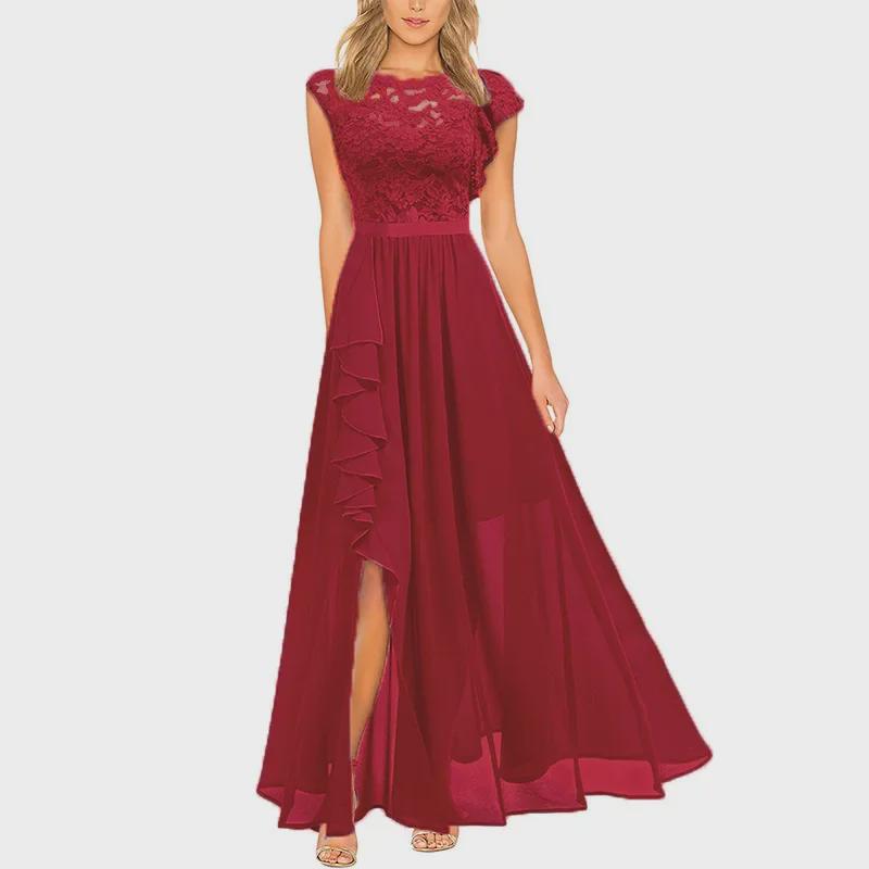 Europäisches und amerikanisches Abendkleid aus Spitze mit hoher Taille – heiß verkaufter langer Rock Extra Large wein rot