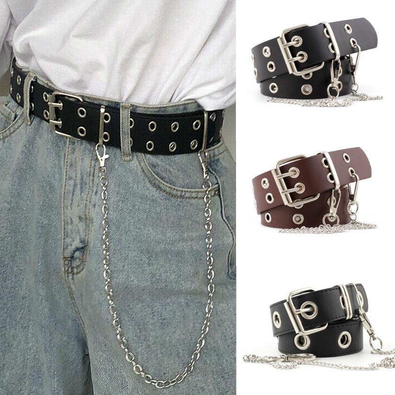 Frauen Punk Kette Mode Gürtel Einstellbare Doppel/Einreihige Loch Öse Bund mit Öse Kette D Black Single