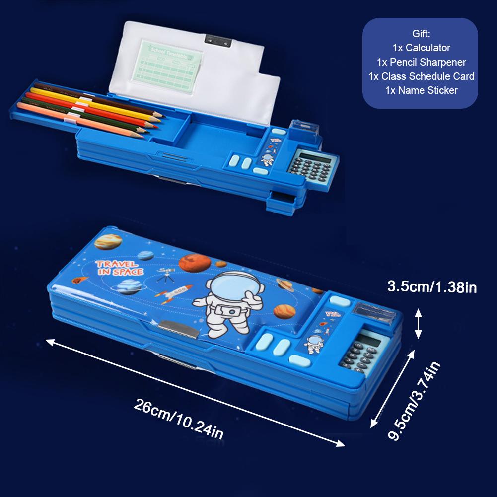 Multifunktionale Bleistiftbox mit Taschenrechner, Bleistiftspitzer, Stundenplankarte, Namensaufkleber, Schulbedarf, Kindergeschenk 6