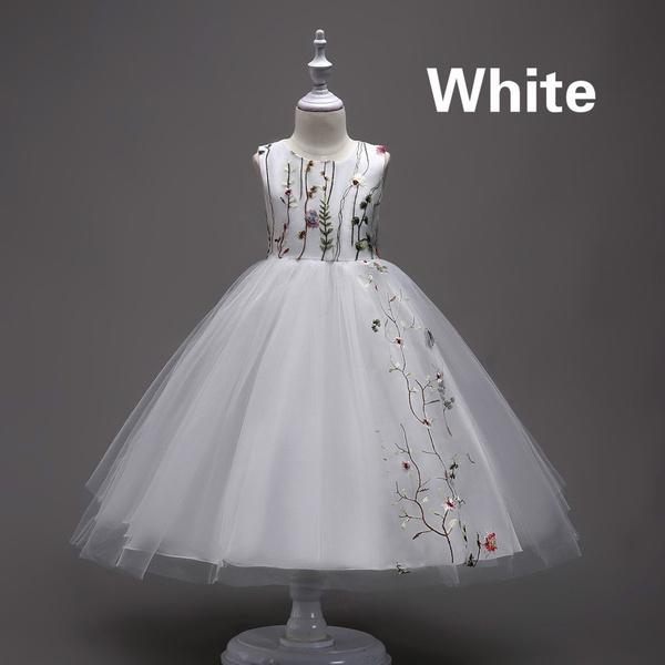 Mode Mädchen Spitze bestickt Mädchen Festzug Kleid Kinder Party tragen Kinder Kleidung Mädchen Brautjungfer lange Kleider 140cm weiß