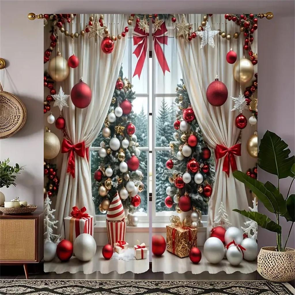2 Stück luxuriöse Weihnachtsdekorationsvorhänge, festlicher Digitaldruck, maschinenwaschbar, Weihnachtsdekoration für Wohnzimmer und Schlafzimmer W65X60H(cm)X2Pcs&Hook