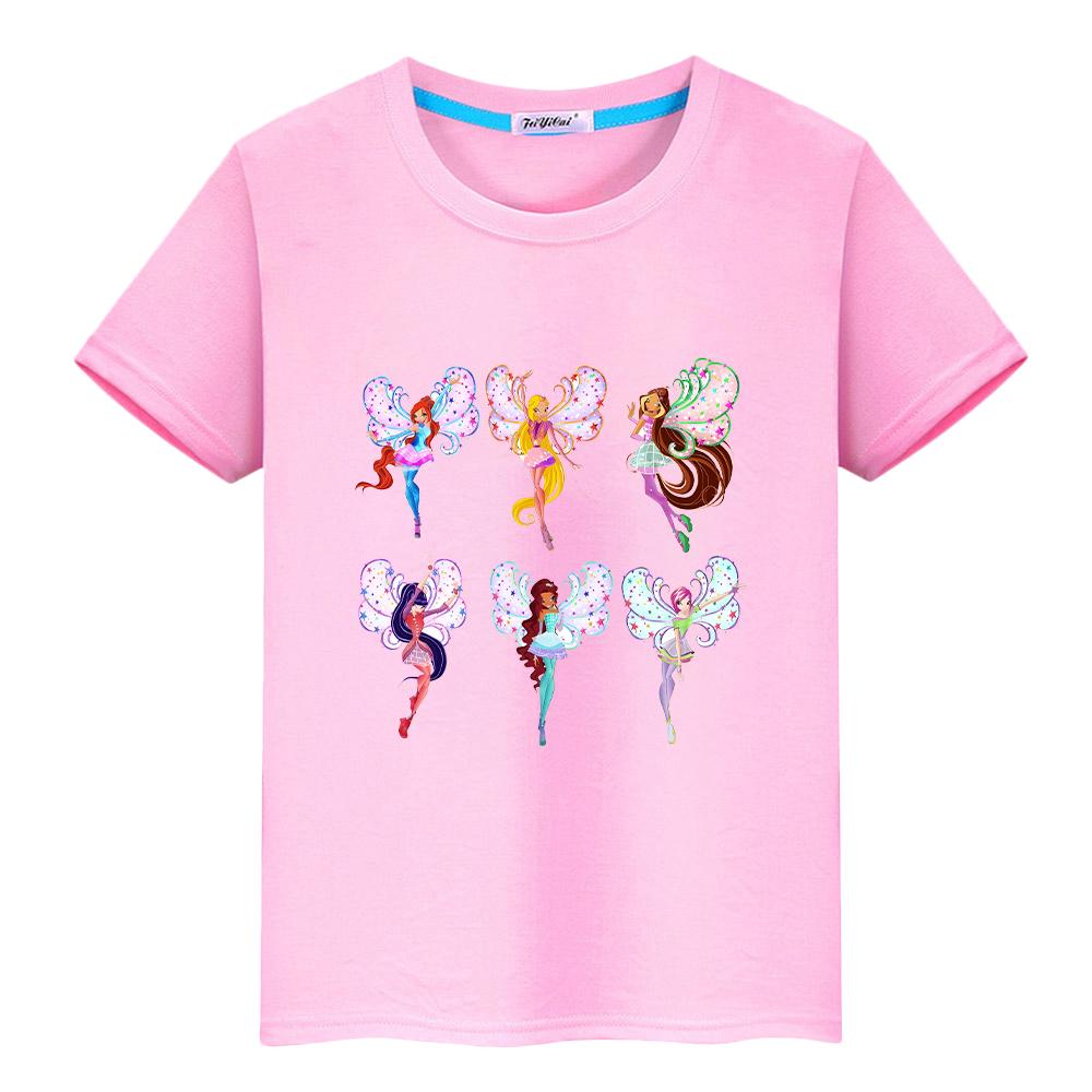 Winx Cartoon 100% Baumwolle Print T-Shirt für Kinder Jungen 10 Jahre Winx Anime Kurze süße Tops Mädchen Kleidung Y2k Stolz T-Shirt Babykleidung 130 rosa