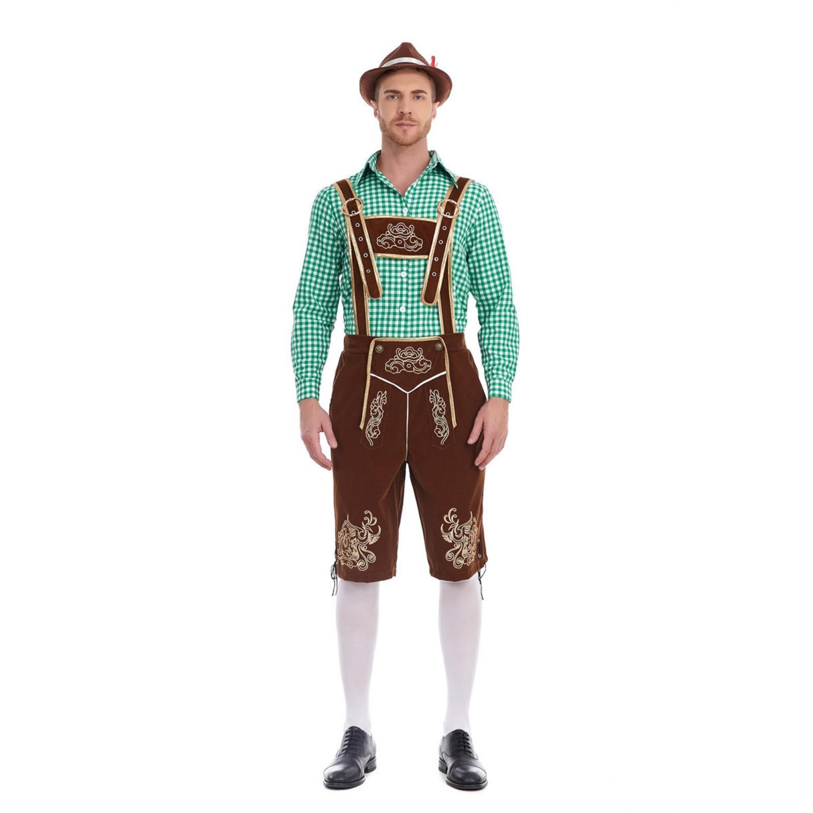 Herren Bayerische Oktoberfest Tracht - Kariertes Hemd & Hosenträgerhose Set XXL hellbraune