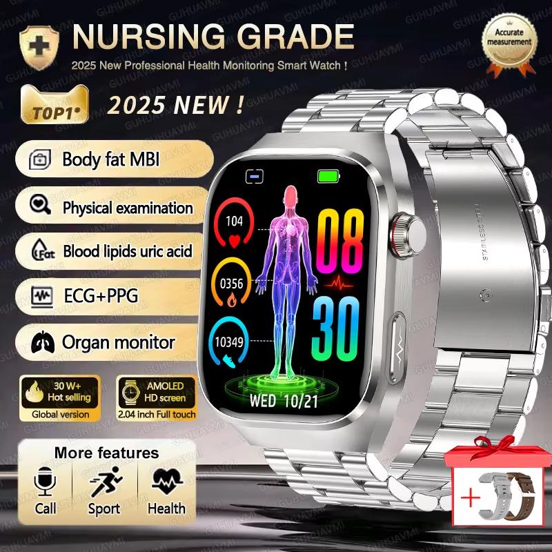 2025 Neue Blutfett Harnsäure Behandlung Smartwatch Herren EKG+PPG Herzfrequenz Sport HD Anruf Gesundheits-Tracker für Samsung Smartwatch Silver Steel 2A