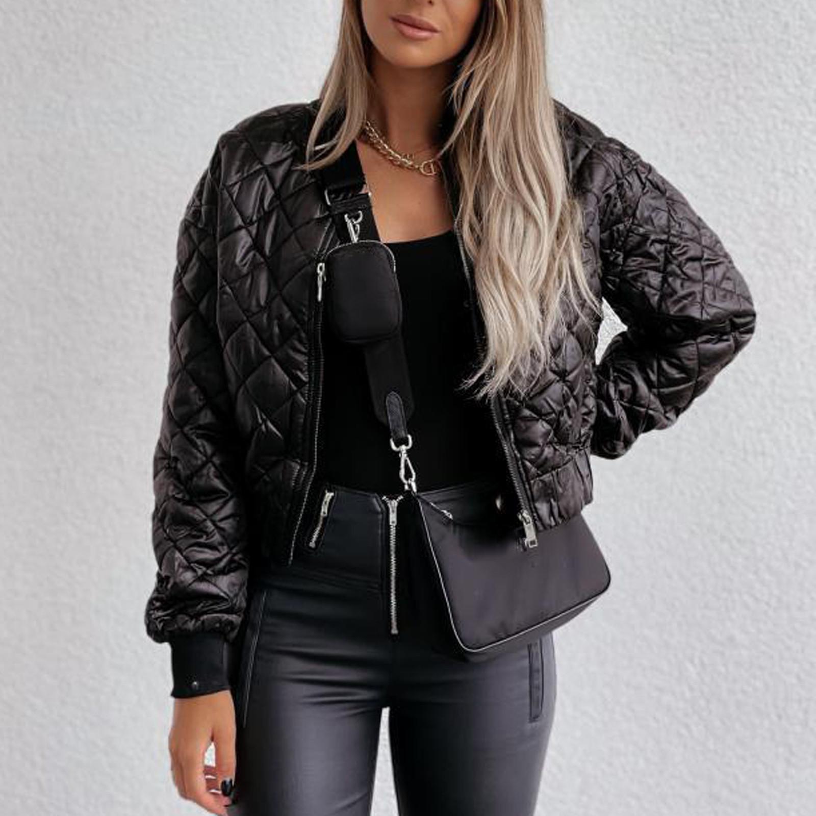 Mode Frauen Einfarbig Zipper Kurze Jacke Baumwolle Casual Jacke Mit Taschen Baumwolle Jacke S schwarz