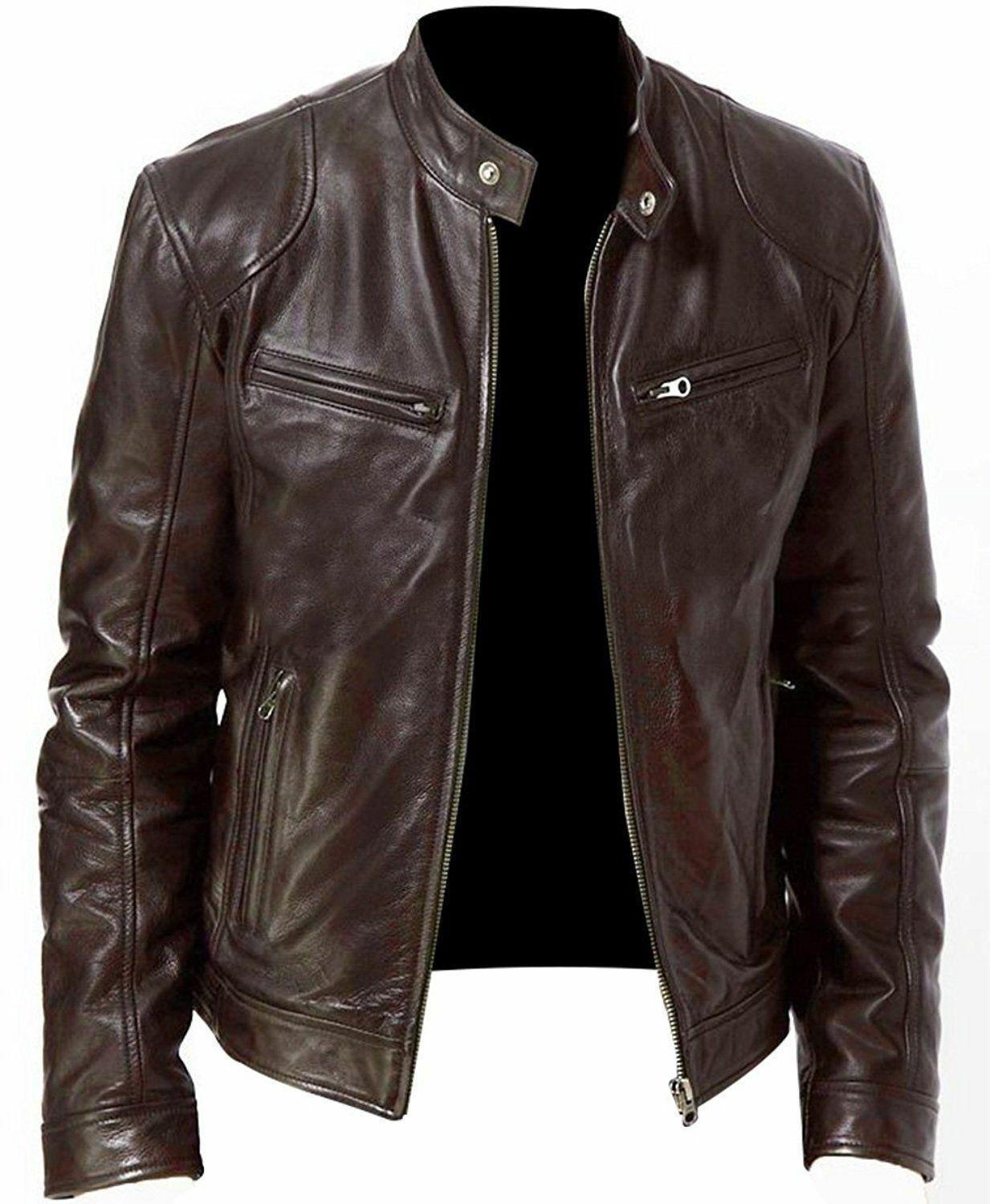 1 Stück Herren Lederjacke für Herren Jugend Stehkragen Punk Lederjacke für Herren Biker XL braun