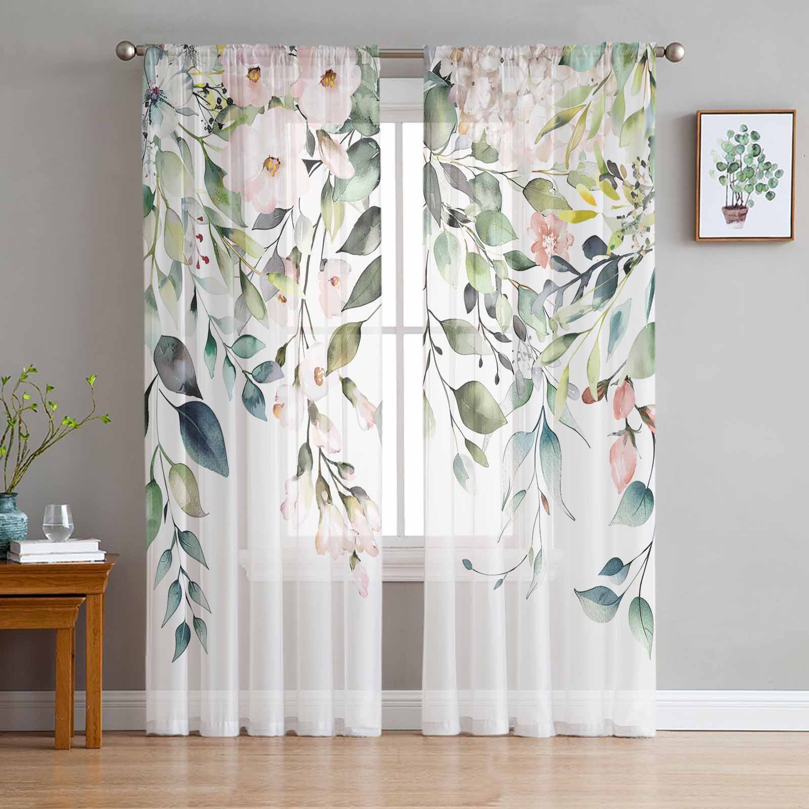 Aquarell Pflanzen Blätter Blumen Transparente Vorhänge für Wohnzimmer Dekoration Fenster Vorhänge Küche Tüll Voile Organza Vorhänge W135 x H115cm x2