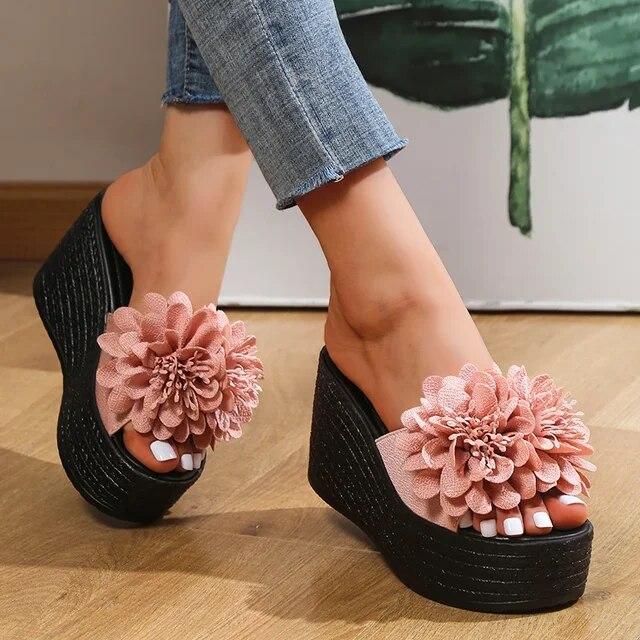 Keile Sandalen Frauen Hausschuhe Sommer Strand Plattform Schuhe Blume Hausschuhe Frauen High Heel Hausschuhe Frauen Mode 34 rosa