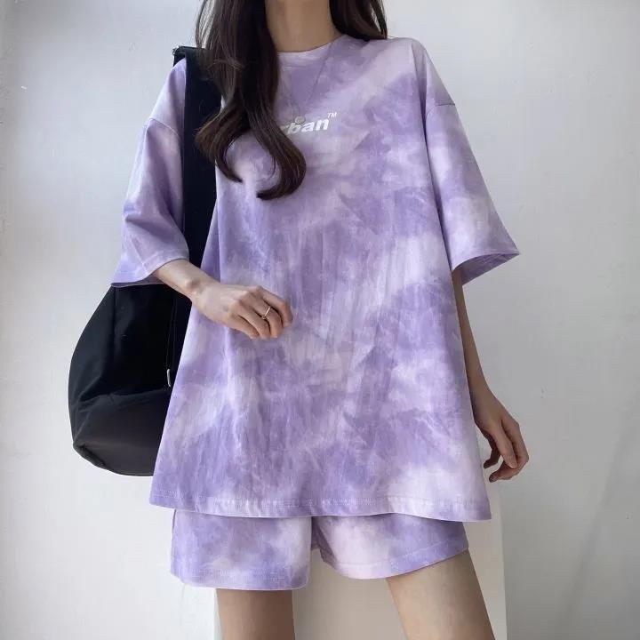 Damen T-Shirt Shorts Anzug Set Lässiges Batik-T-Shirt und Shorts mit weitem Bein in der Mitte mit Taschen Weiche Sommer-Shorts-Sets für Damen M violett
