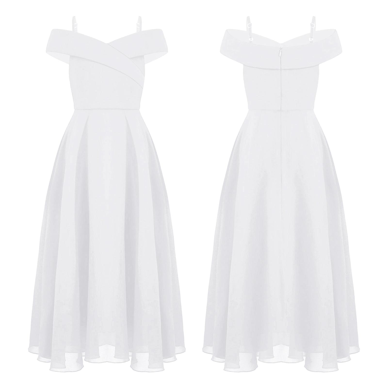 Kinder Mädchen Elegantes Chiffon Schulterfreies Brautjungfernkleid Hochzeitskleid Geburtstagsfeier A Linie Abendkleid 7-8 Years weiß