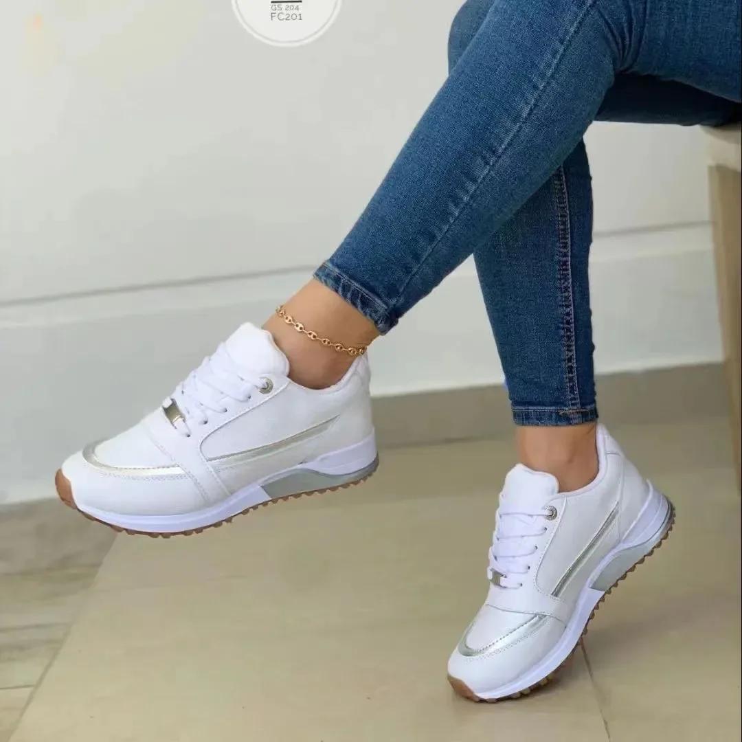 Damen-Sneaker im Angebot, modische flache Plateauschuhe mit runder Spitze, lässige Mischfarben, Schnür-Sneaker, Outdoor-Laufschuhe für Damen 36 weiß