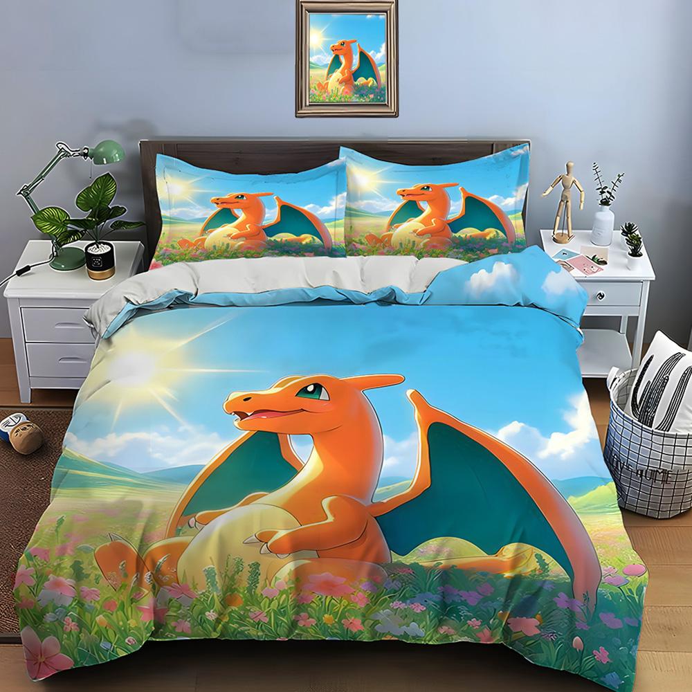 10 Größen Pokémon Glurak Druck Bettwäsche Set 3-teiliges Set Bett King Size Kissenbezug Erwachsene Bettdecke Schlafzimmer Bettset für Geschenke EU Double 200X200cm