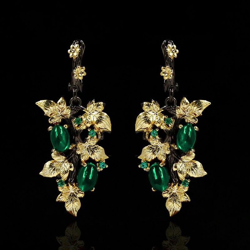 Elegante schwarze Gold-Rubin-Anhänger-Blumen-Blatt-Ohrringe Kristall-Edelstein-Damen-Schmuck-Ohrringe Silber-Frauen für Ohrringe grün