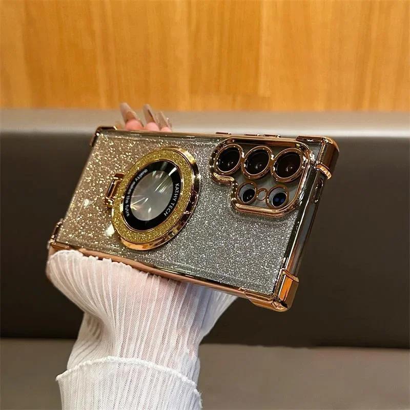 Luxuriöse Magsafe Holde Glitzerhülle für Samsung Galaxy A24 A55 5G A53 A54 S25 24 Ultra S23 FE S22 Plus S21 S20 Stoßfeste, klare Abdeckung Samsung S23 Plus gold