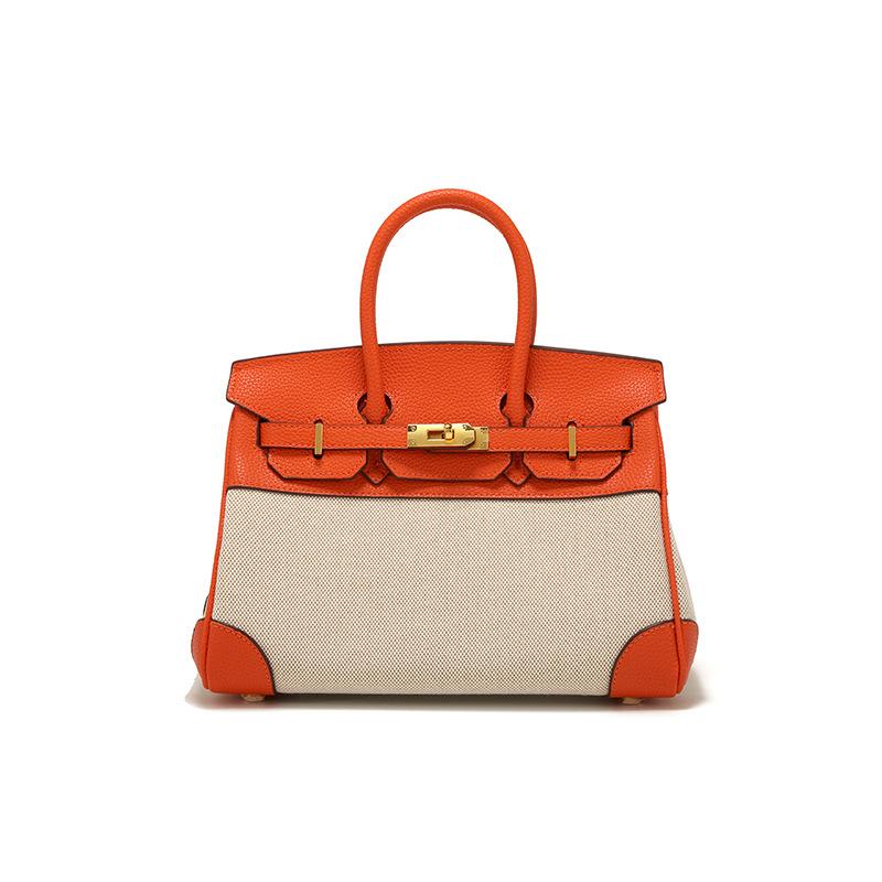 Frühlings-Neue Damen Tasche Nischen Design Leder mit Leinwand Kontrast Platin Tasche Tragbar Schulter Schräg Gurt Tasche large 30-14-21 cm orange
