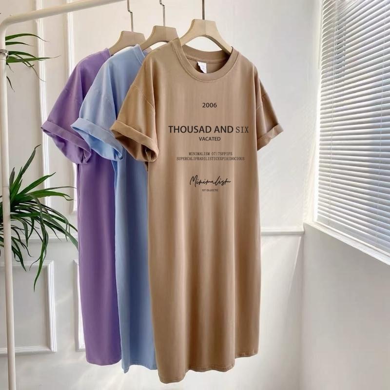 Kurzarmkleider Damen Sommer Große Größen Mittellanges T-Shirt Kleid Knielanges lässiges langes Kleid L khaki