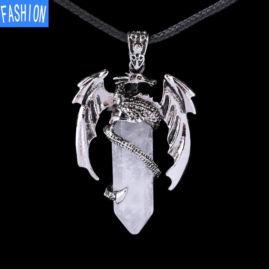 Drachen-Anhänger-Halskette für Männer und Frauen, coole Heilkristall-Amethyst-Halskette, natürliche Rosenquarz-Halskette, westlicher Drachen-Schmuck Clear Crystal