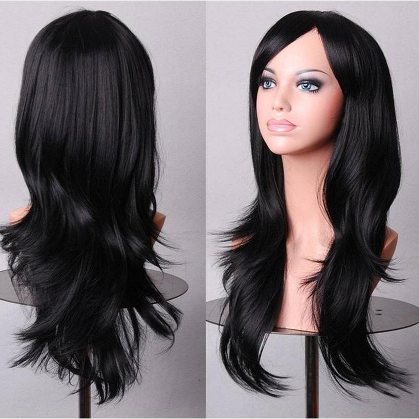 Damen-Mädchen-Cosplay-Party-Perücken, einfarbig, gewelltes Haar, langes Kostüm, Schönheitsperücke schwarz