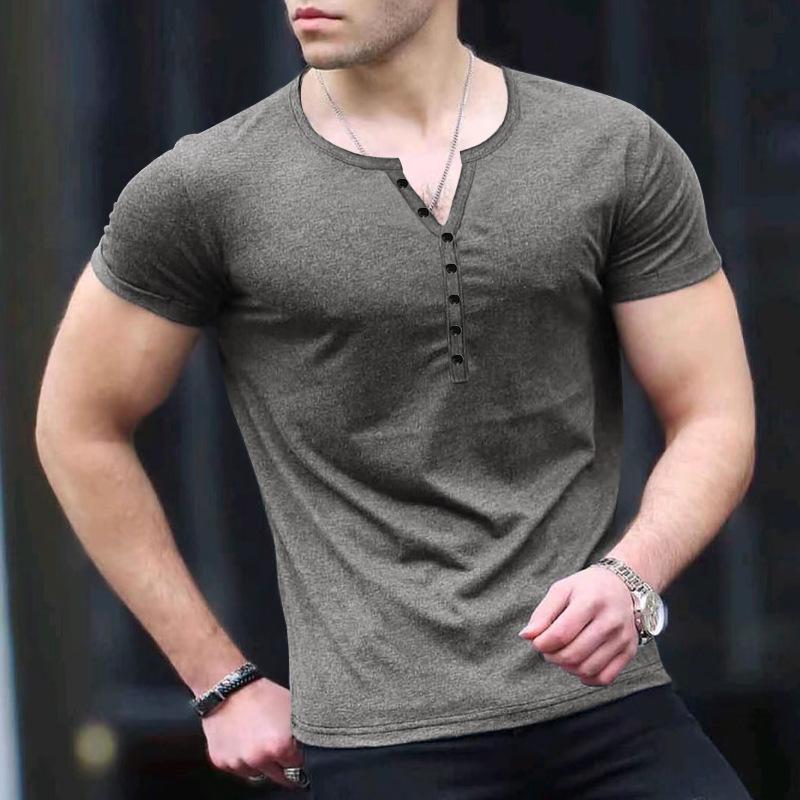 2023 Herrenmode Einfarbig Kurzarm T-Shirt Lässiges Sport-Knopf-T-Shirt Trendy Leggings XL grau