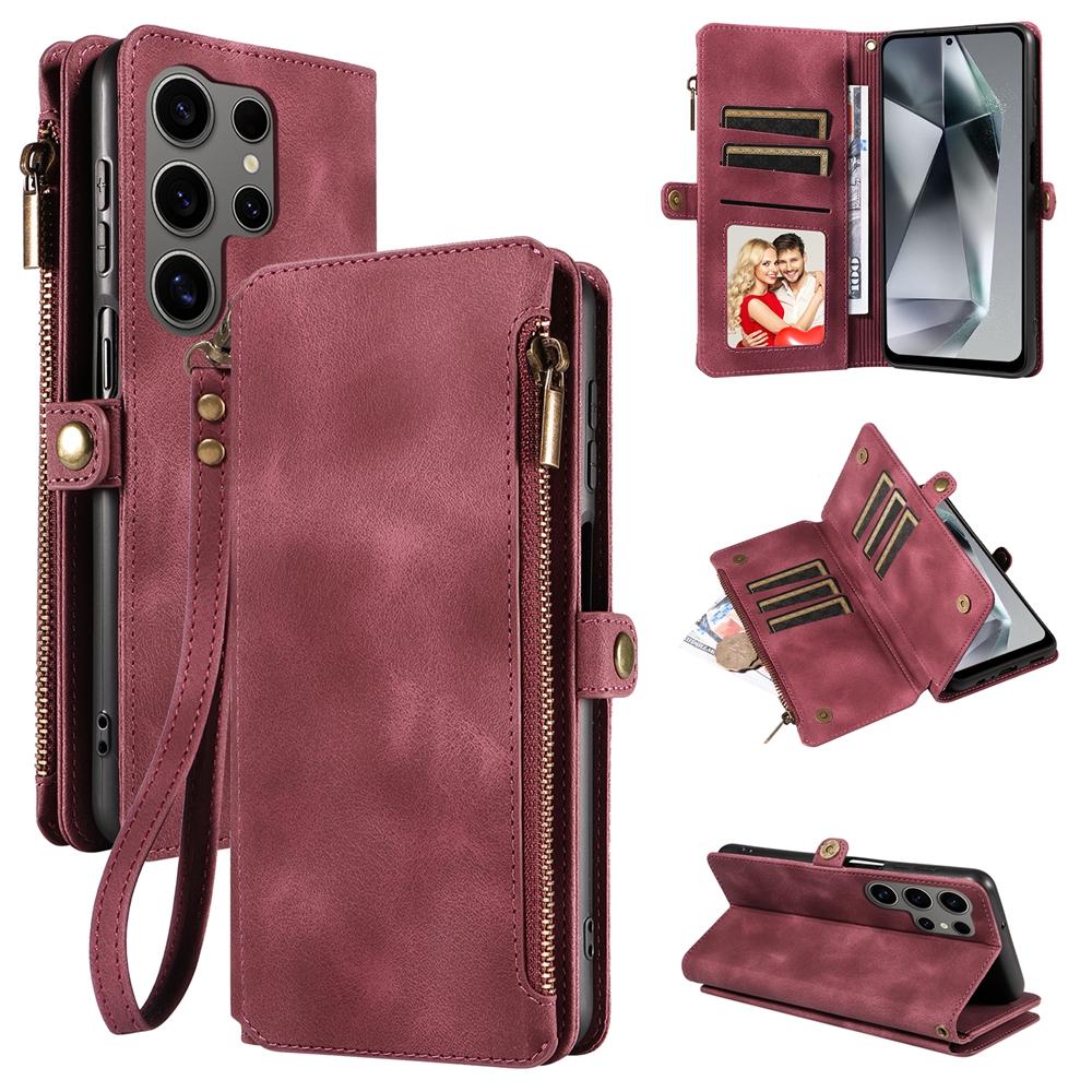 Reißverschluss Klapp Leder Hülle mit Riemen Geldbörse Hülle für Samsung Galaxy S26 S25 Ultra S24 Plus S23 FE S22 21 Handyhülle Karten Bargeld Tasche For Galaxy S24 Plus