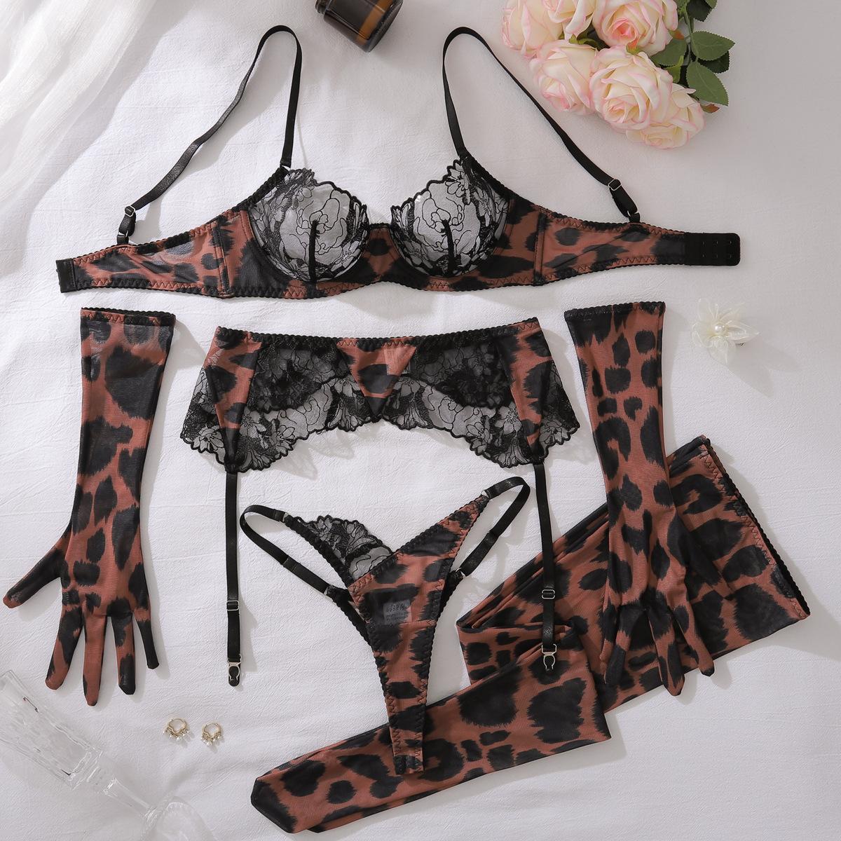 Sexy Damen-BH-Set Leopardenmuster Spitze Spleißung Dessous Mode Bequem 5-teiliges Dessous-Set S schwarz