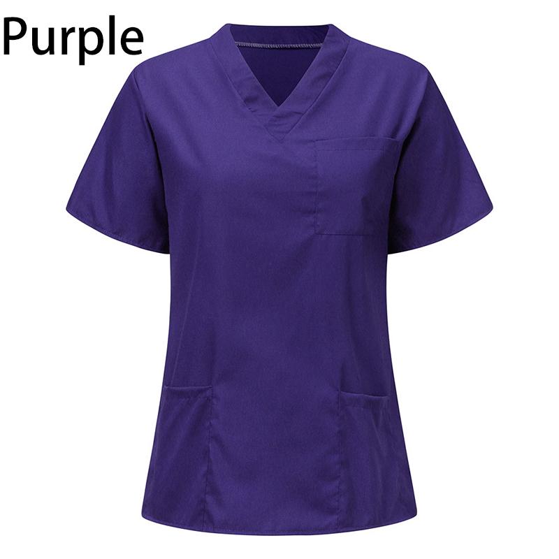 Männer Frauen Arbeitskleidung Krankenpflege Uniform Bluse Kurzarm V-Ausschnitt Scrub Tops mit Tasche M violett