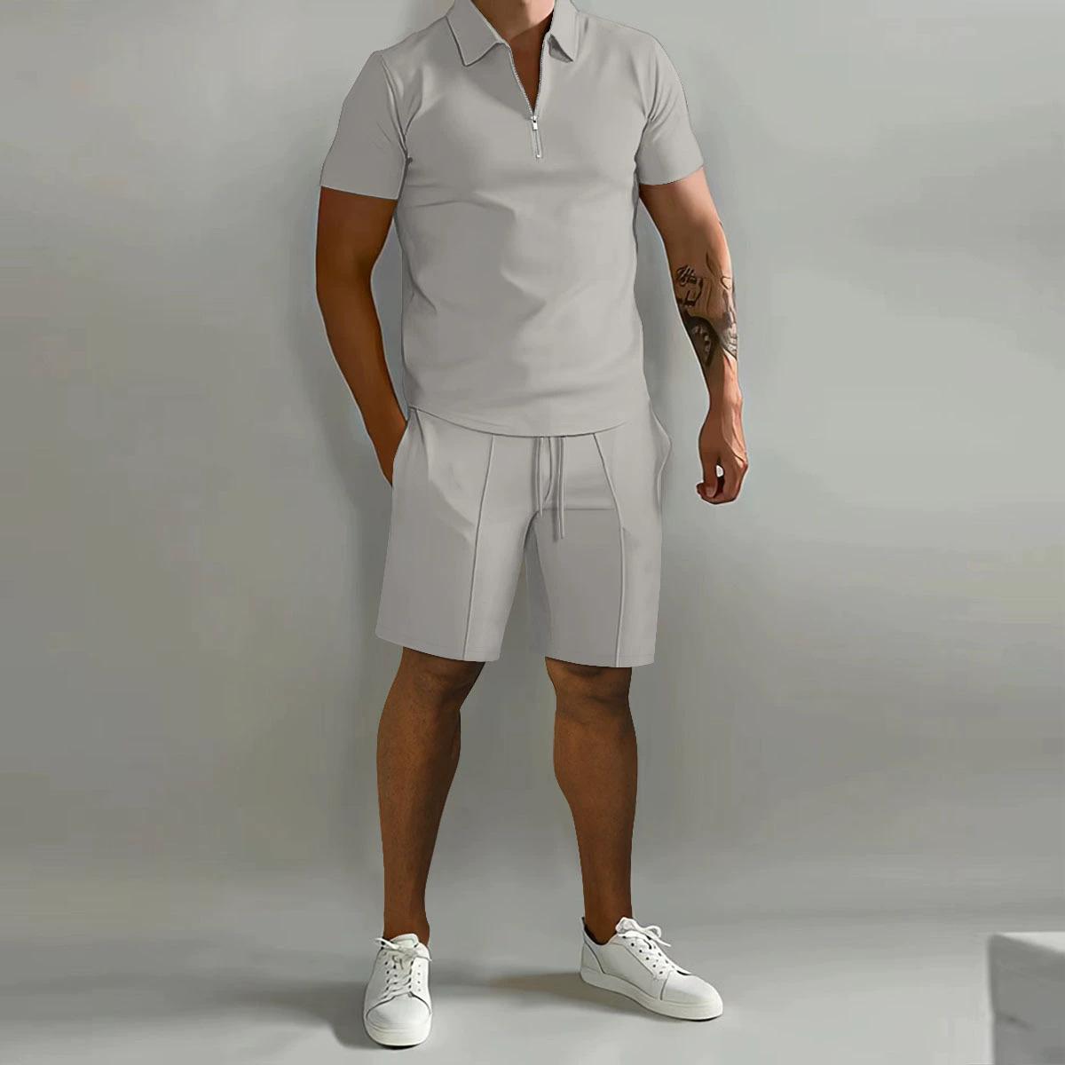 Frühling und Sommer Herren Sets Revers Kurzarm Polohemd Sporthose 2-teilige Anzüge für Herren L grau