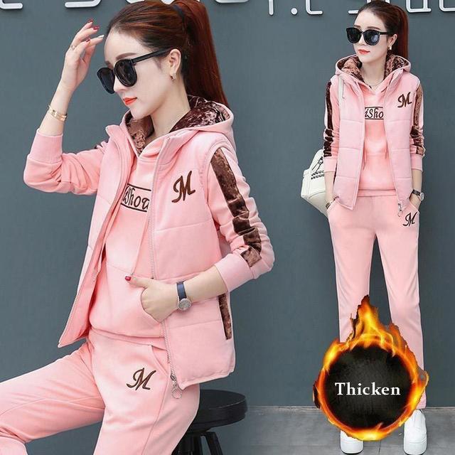 3 stück Set Frauen Anzug Trainingsanzug Winter Hoodies + Weste + Hosen Track Anzug Plus Samt Warme Sporting Anzüge Weibliche kleidung 8110924 S rosa