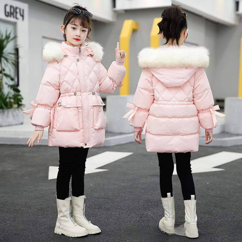 Wintermode Daunen Baumwollgepolsterte Kleidung Mädchen Winterkleidung Mittellange Dicke Kapuzenkleidung Mädchen Kälteschutz Warme Jacken 150 rosa